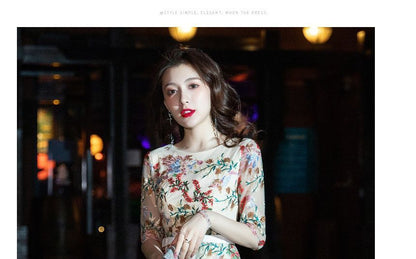 Elbow-Sleeve Floral A-Line Cocktail Dress