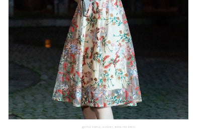 Elbow-Sleeve Floral A-Line Cocktail Dress