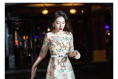 Elbow-Sleeve Floral A-Line Cocktail Dress