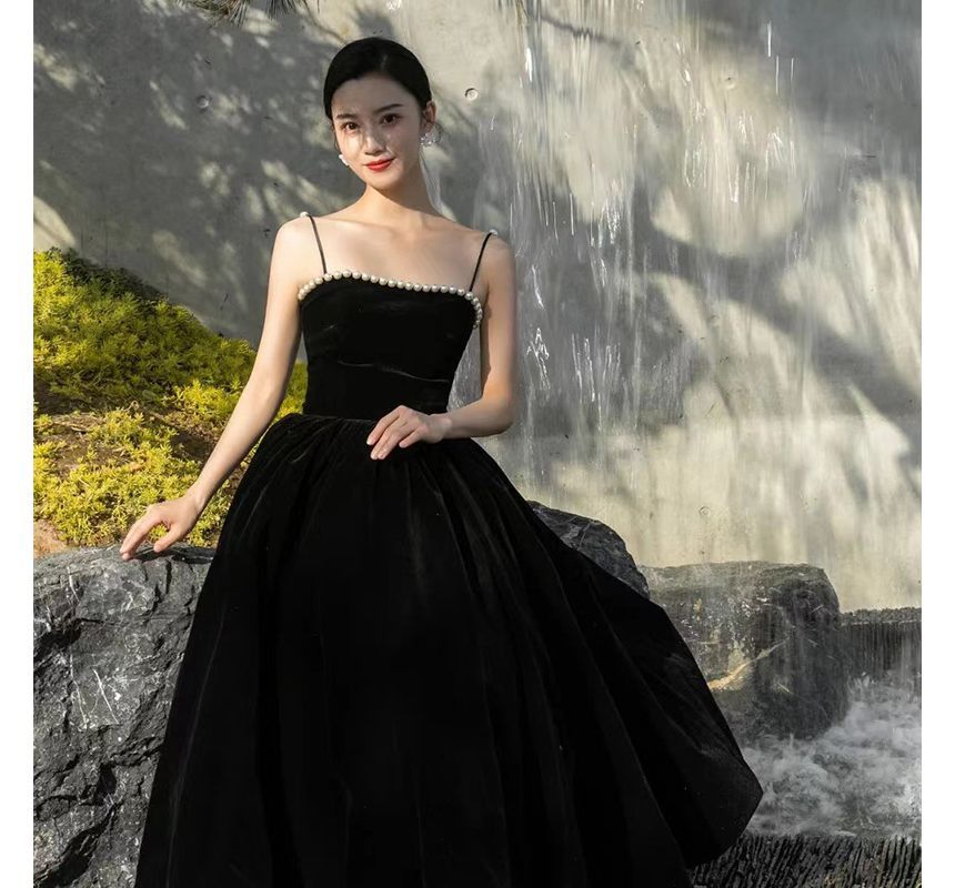 Spaghetti-Strap Faux A-Line Gown Evening Pearl