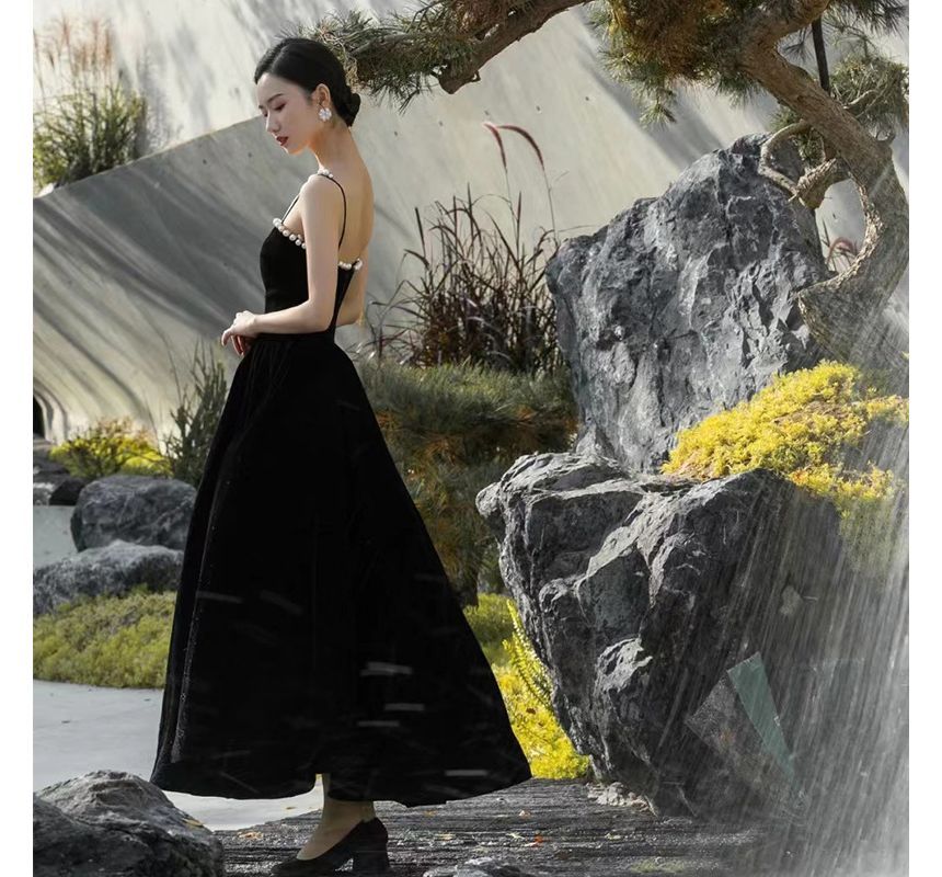 Spaghetti-Strap Faux A-Line Gown Evening Pearl