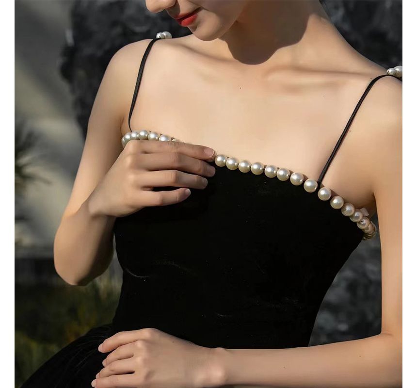 Spaghetti-Strap Faux A-Line Gown Evening Pearl