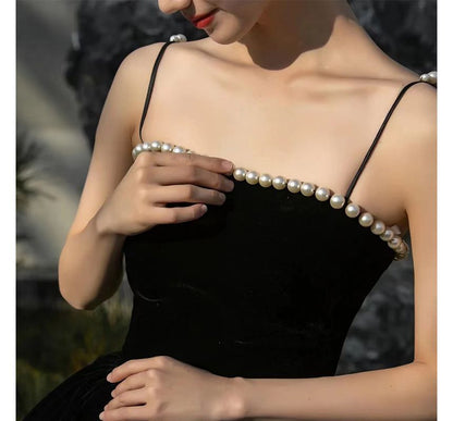 Spaghetti-Strap Faux A-Line Gown Evening Pearl