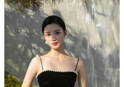 Spaghetti-Strap Faux A-Line Gown Evening Pearl