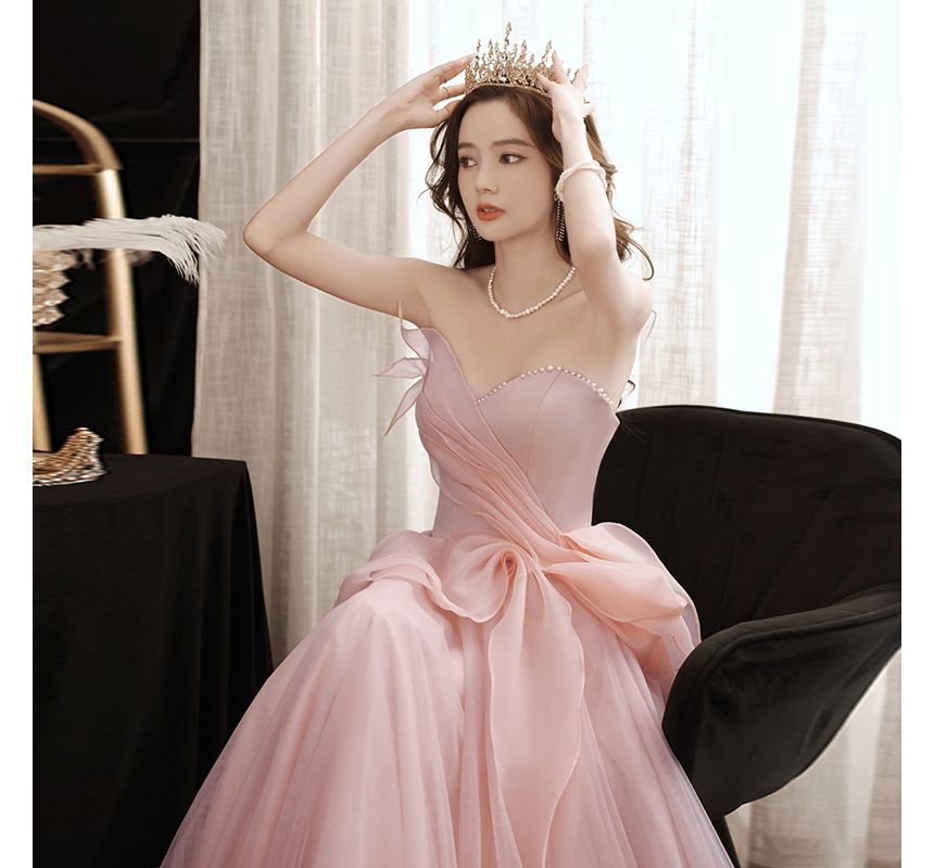 Strapless Mesh Evening A-Line Gown