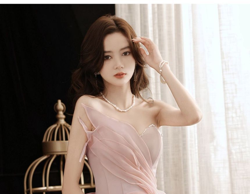 Strapless Mesh Evening A-Line Gown