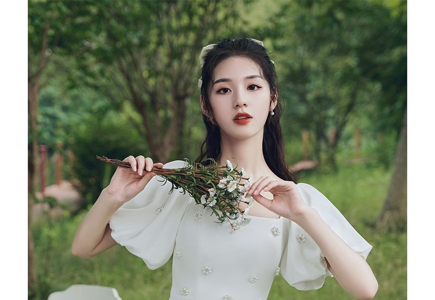 Short-Sleeve Faux Pearl Maxi A-Line Cocktail Dress