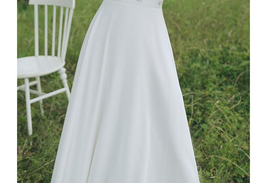 Short-Sleeve Faux Pearl Maxi A-Line Cocktail Dress