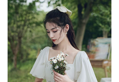 Short-Sleeve Faux Pearl Maxi A-Line Cocktail Dress