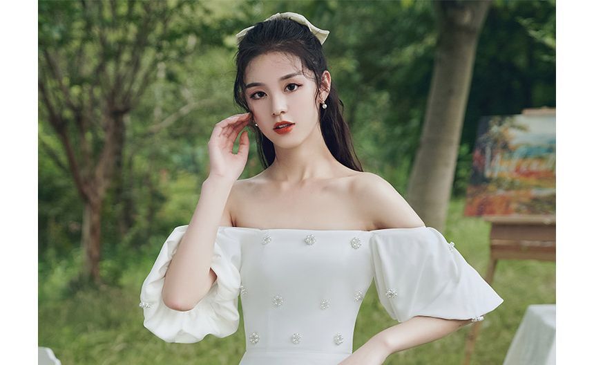 Short-Sleeve Faux Pearl Maxi A-Line Cocktail Dress