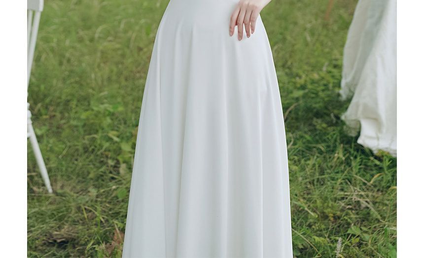 Short-Sleeve Faux Pearl Maxi A-Line Cocktail Dress