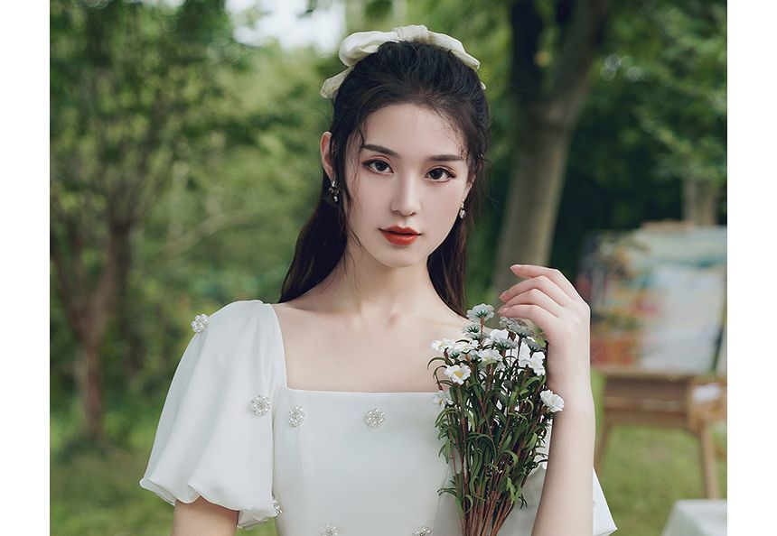 Short-Sleeve Faux Pearl Maxi A-Line Cocktail Dress