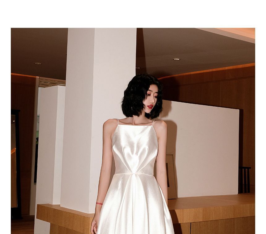 Spaghetti-Strap Plain Midi A-Line Cocktail Dress