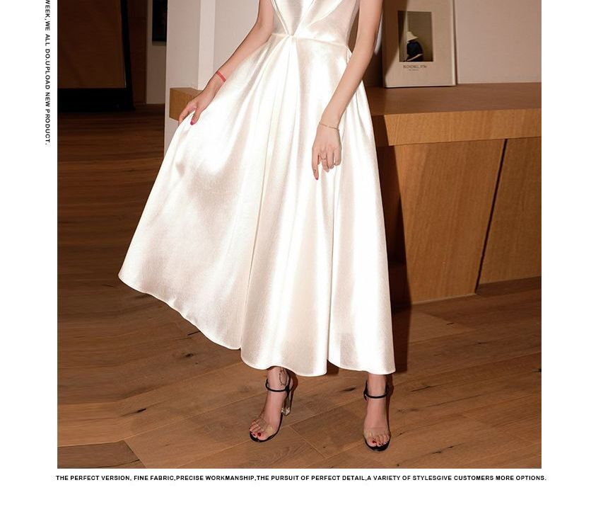 Spaghetti-Strap Plain Midi A-Line Cocktail Dress