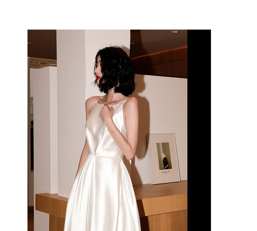 Spaghetti-Strap Plain Midi A-Line Cocktail Dress