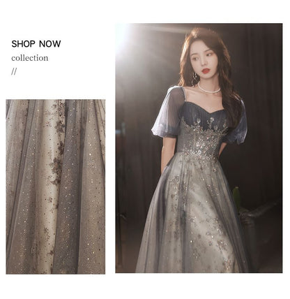 Short-Sleeve Embellished Mesh Cocktail Dress