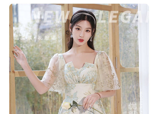 Short-Sleeve Floral Embellished Midi Cocktail Dress