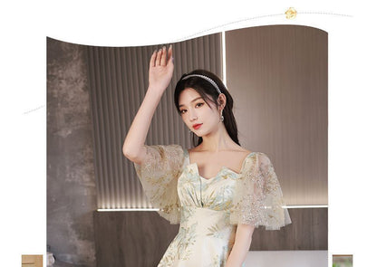 Short-Sleeve Floral Embellished Midi Cocktail Dress