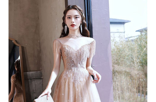 Sleeveless Fringed Sequin Mesh Cocktail Dress