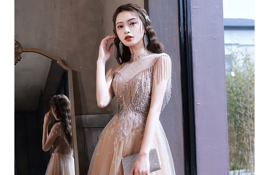 Sleeveless Fringed Sequin Mesh Cocktail Dress