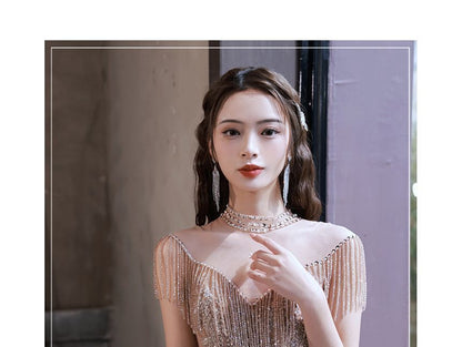 Sleeveless Fringed Sequin Mesh Cocktail Dress