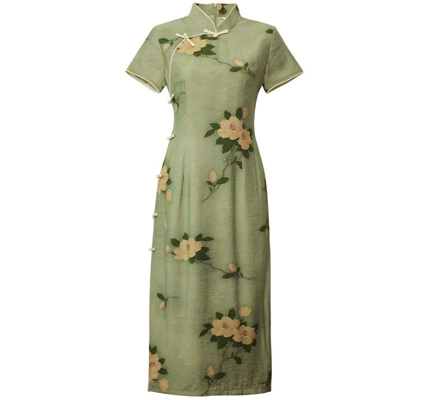 Short-Sleeve Fruit Print Midi Qipao