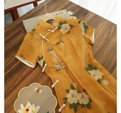 Short-Sleeve Fruit Print Midi Qipao