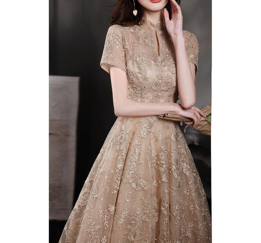 Short-Sleeve Embroidered Cocktail Dress