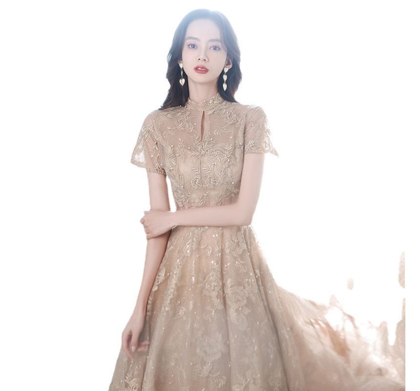 Short-Sleeve Embroidered Cocktail Dress