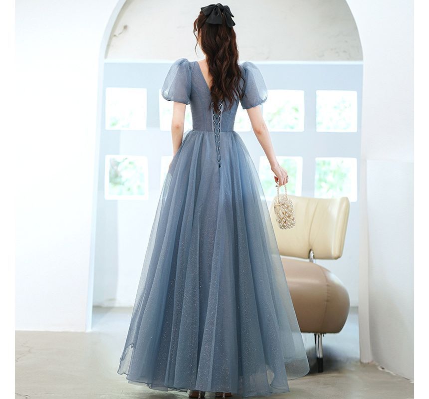 Sheer Puff Gown A-Line Sleeve Evening Panel
