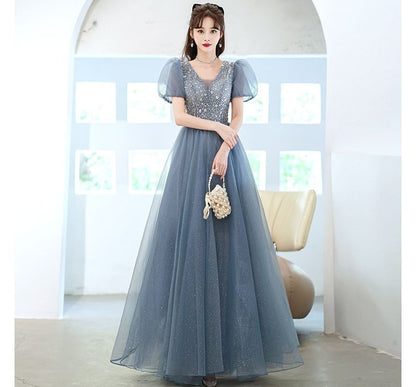 Sheer Puff Gown A-Line Sleeve Evening Panel