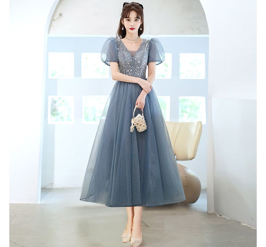 Sheer Puff Gown A-Line Sleeve Evening Panel