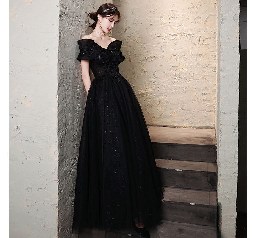 Gown A-Line Off Glitter Shoulder Evening