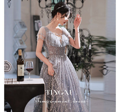 Cap-Sleeve Sheath Evening Glitter Gown