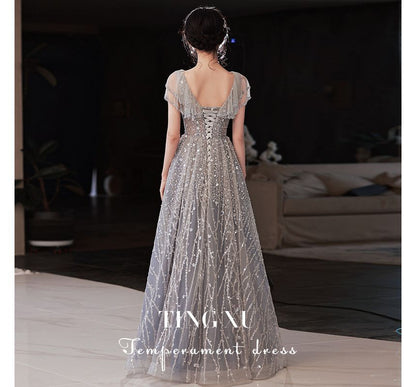 Cap-Sleeve Glitter Sheath Evening Gown