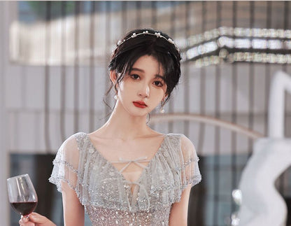 Cap-Sleeve Glitter Sheath Evening Gown