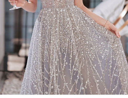Cap-Sleeve Glitter Sheath Evening Gown