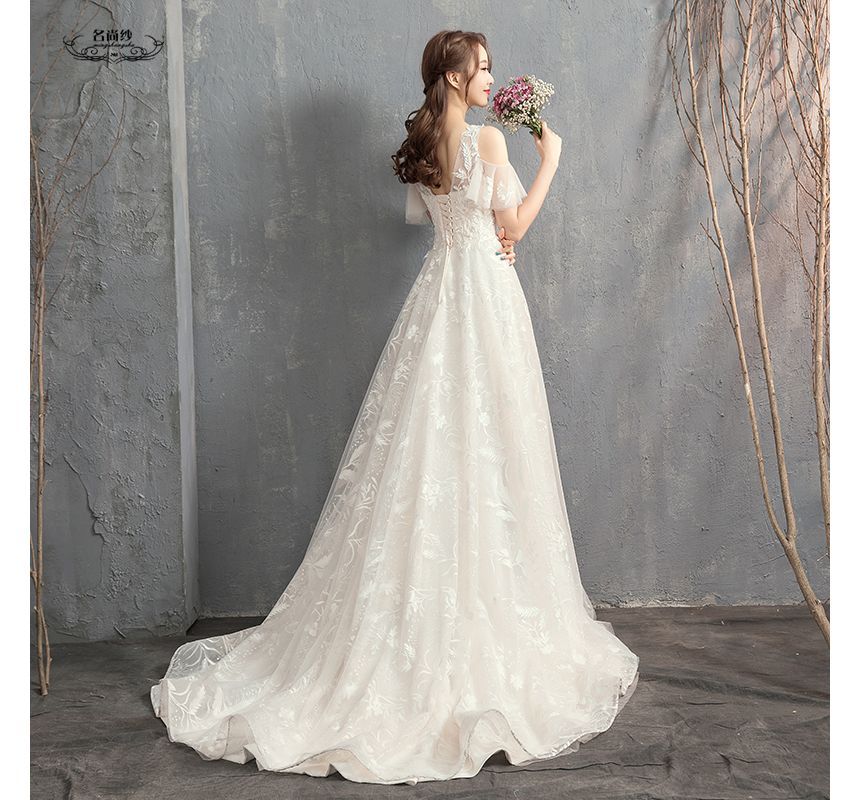 Short-Sleeve Cold-Shoulder V-Neck Wedding A-Line Gown