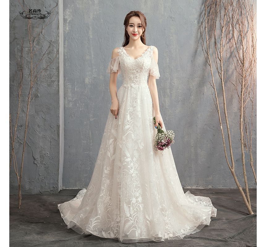 Short-Sleeve Cold-Shoulder V-Neck Wedding A-Line Gown