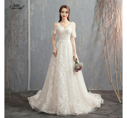 Short-Sleeve Cold-Shoulder V-Neck Wedding A-Line Gown