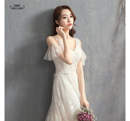 Short-Sleeve Cold-Shoulder V-Neck Wedding A-Line Gown