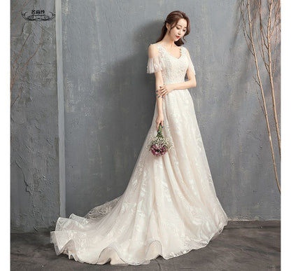 Short-Sleeve Cold-Shoulder V-Neck Wedding A-Line Gown