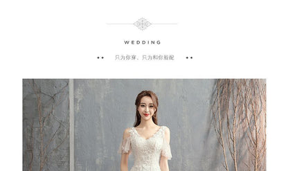 Short-Sleeve Cold-Shoulder V-Neck Wedding A-Line Gown
