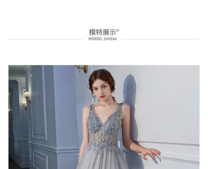 Gown A-Line V-Neck Evening Glitter