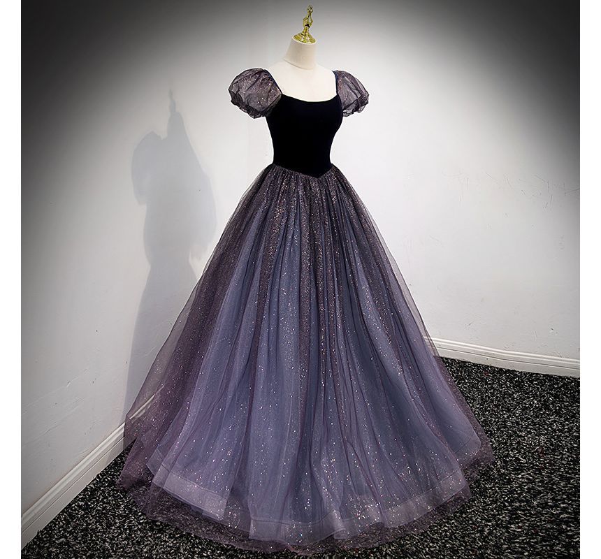 Glitter Evening A-Line Gown Square-Neck