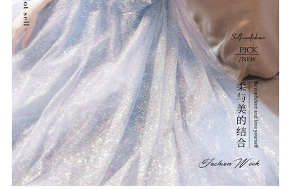 Off-Shoulder Embellished Mesh Maxi Cocktail Dress