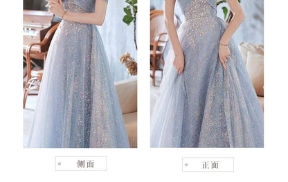 Off-Shoulder Embellished Mesh Maxi Cocktail Dress