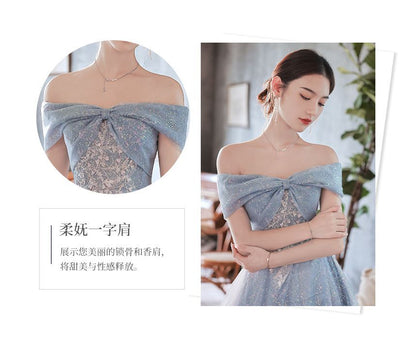 Off-Shoulder Embellished Mesh Maxi Cocktail Dress