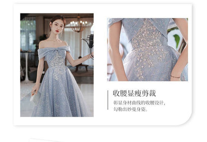 Off-Shoulder Embellished Mesh Maxi Cocktail Dress