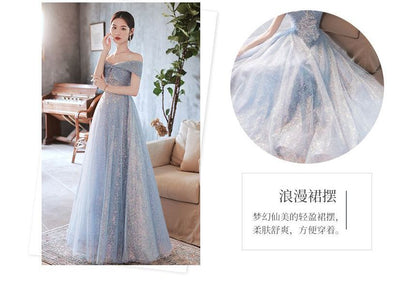 Off-Shoulder Embellished Mesh Maxi Cocktail Dress